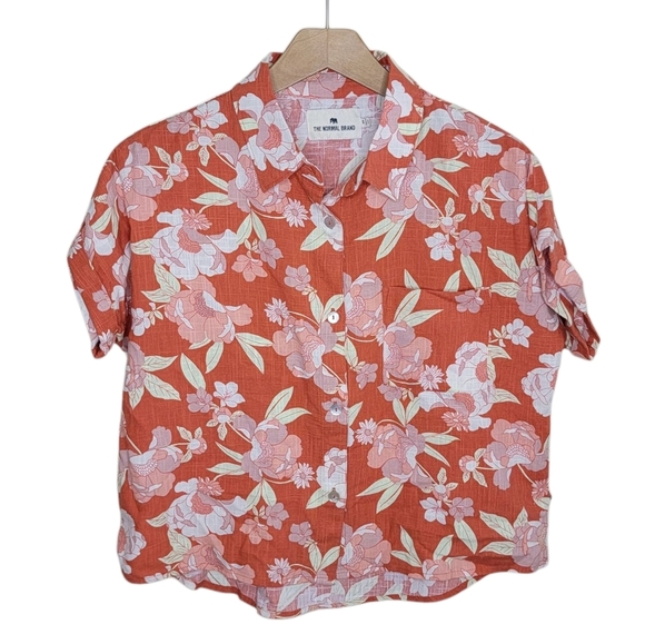 The Normal Brand | Orange Tropical Floral Cropped Button Front Shirt Size XS - Picture 1 of 8